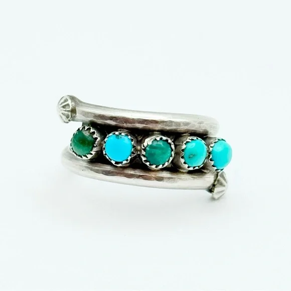Vintage Turquoise Sterling Silver Ring - Native American 5-Stone Snake Eye - Picture 2 of 9